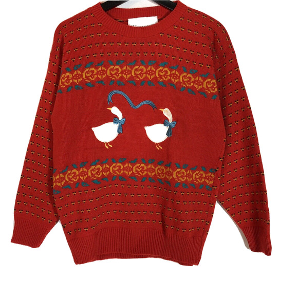 Vintage Sweaters Vintage 8s Novelty Sweater Red Knit White Geese